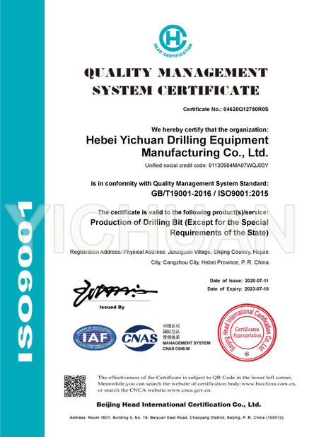 China Hebei Yichuan Drilling Equipment Manufacturing Co., Ltd Certificações